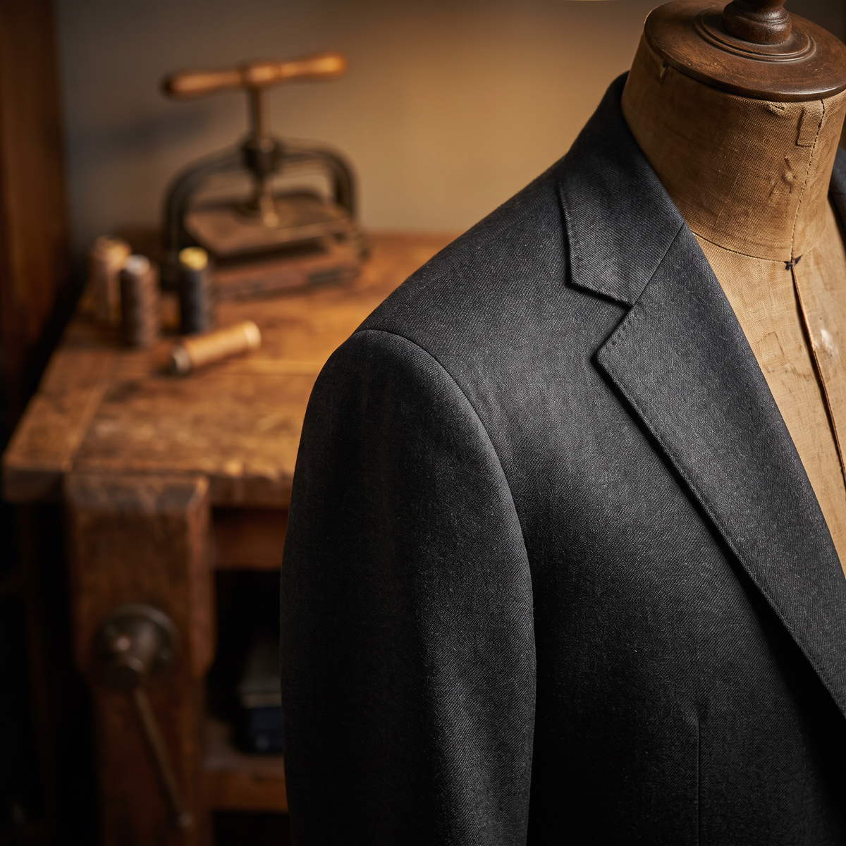 Shoulder and notch lapel of a charcoal suit jacket on a tailor’s mannequin