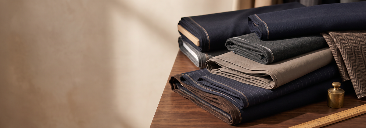 Folded suiting cloth in navy, charcoal and camel on a wooden tailoring table
