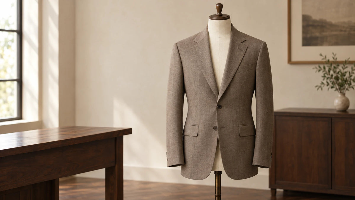 Taupe single-breasted jacket on a headless tailoring dress form