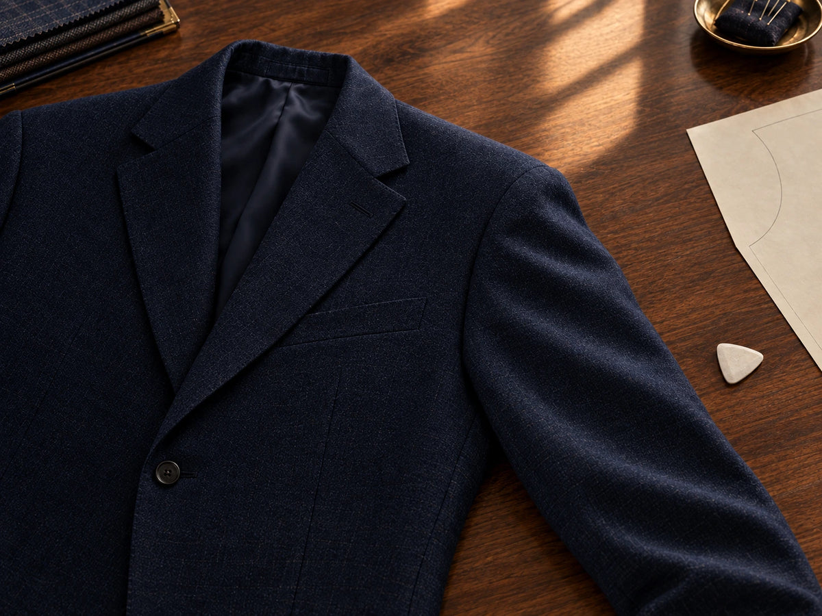 Navy wool jacket with a clean shoulder and notch lapels resting on a walnut tailoring table, with ivory chalk beside it.