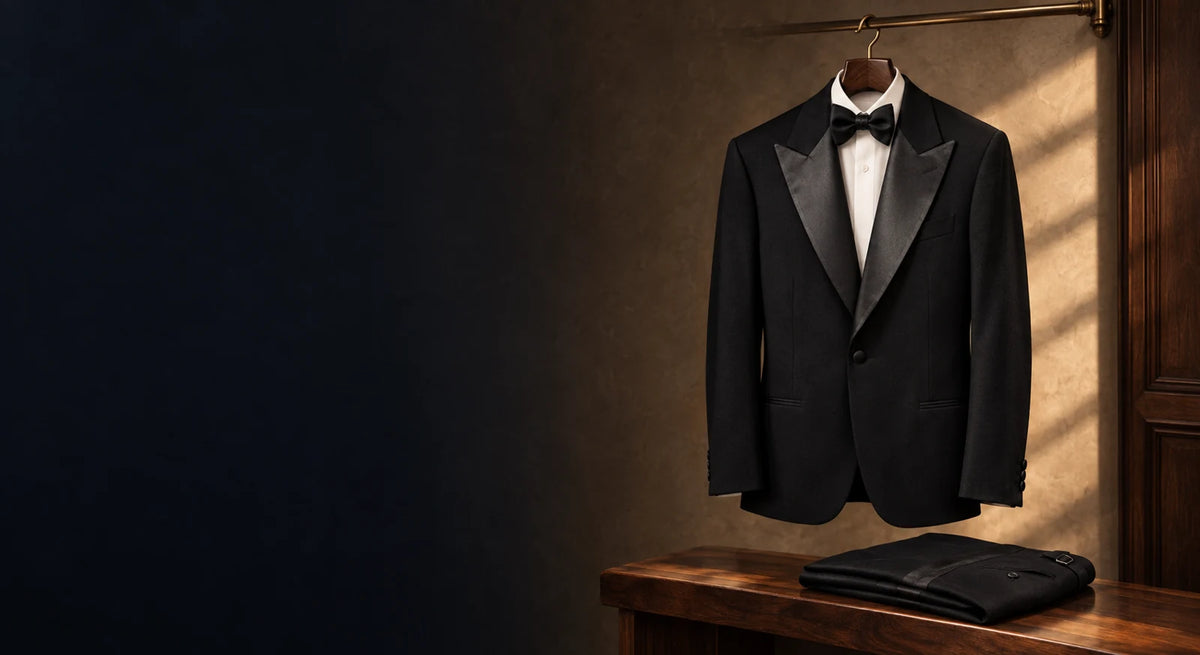 Black peak-lapel tuxedo and formal shirt on a walnut hanger