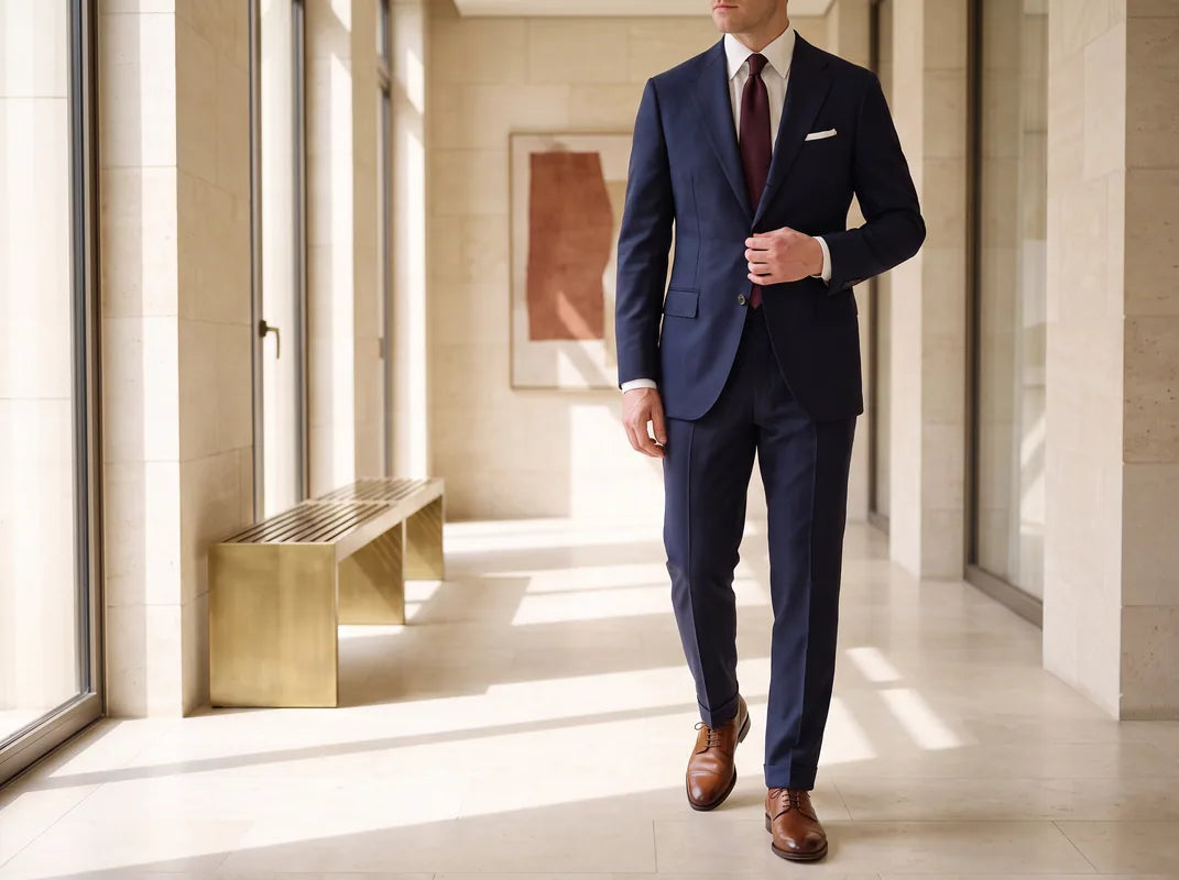 Dark navy tailoring contrasted with a bright shirt and warm leather