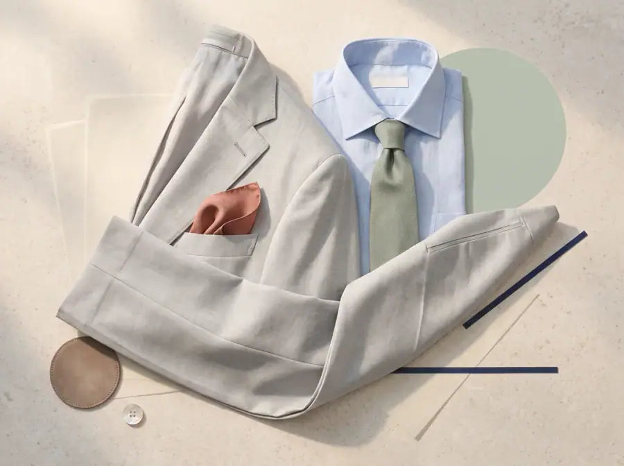 Light Grey tailored outfit with coordinated shirt, neckwear and accessories