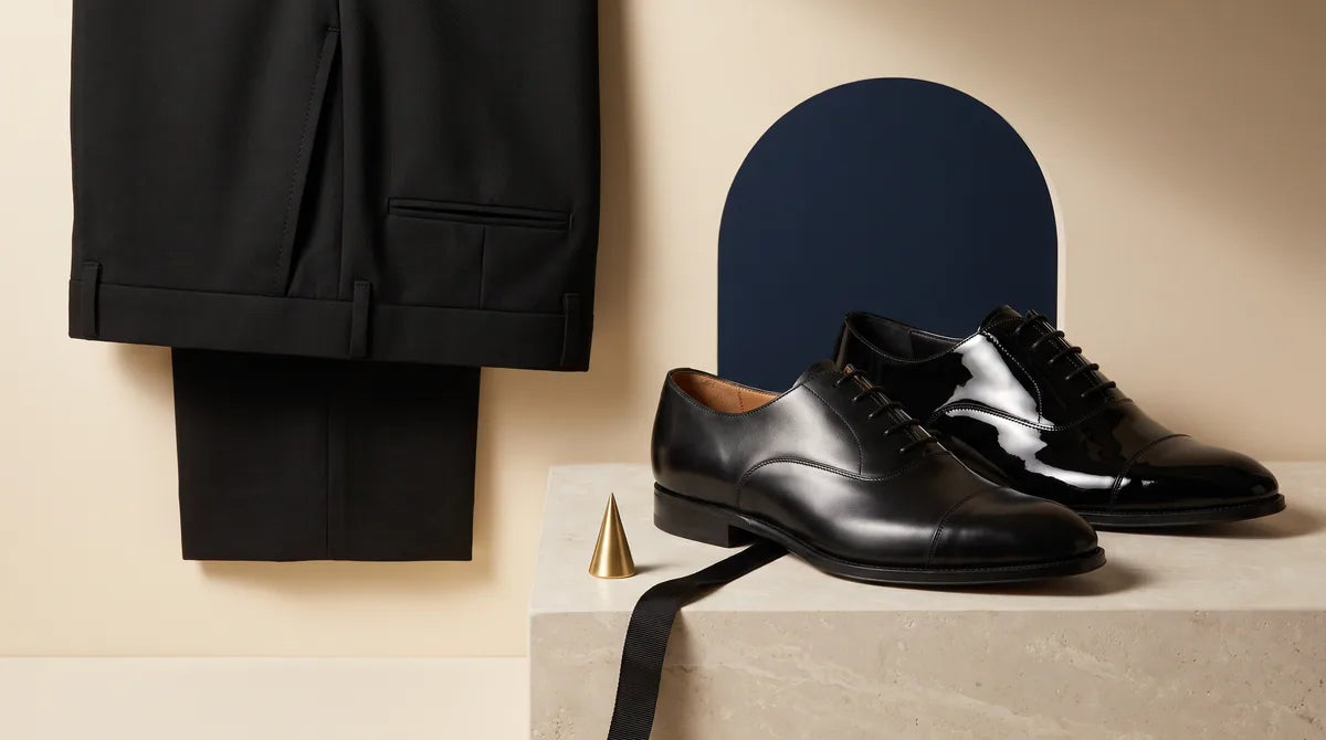 Black tailoring with suggested footwear colors