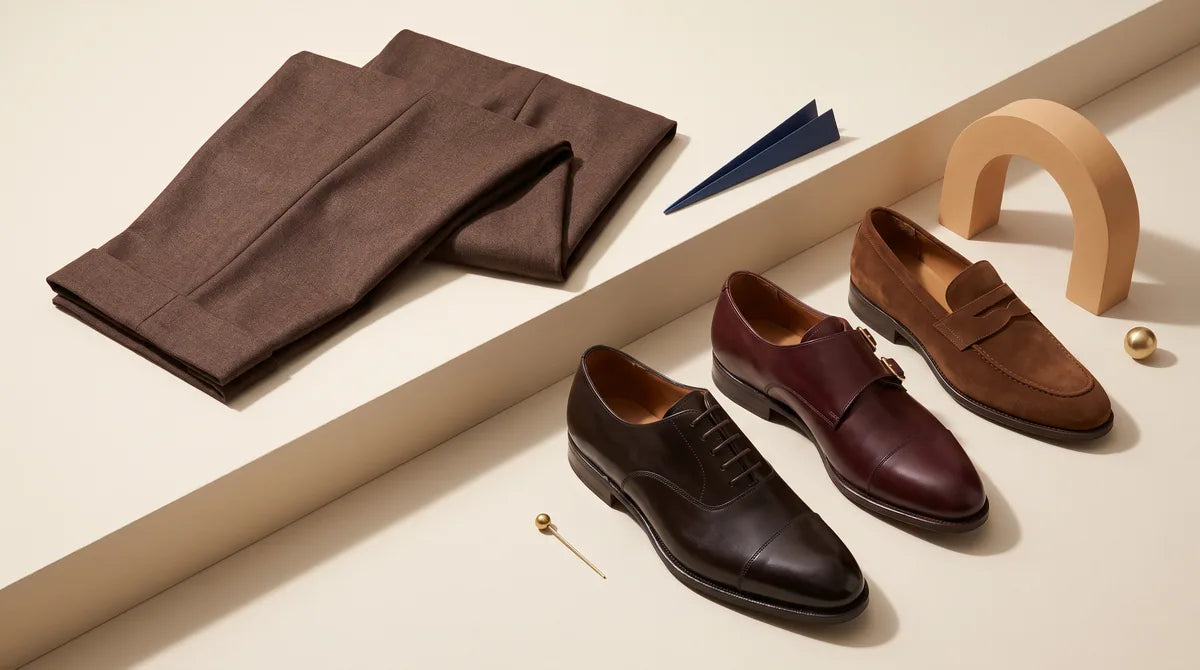 Brown tailoring with suggested footwear colors