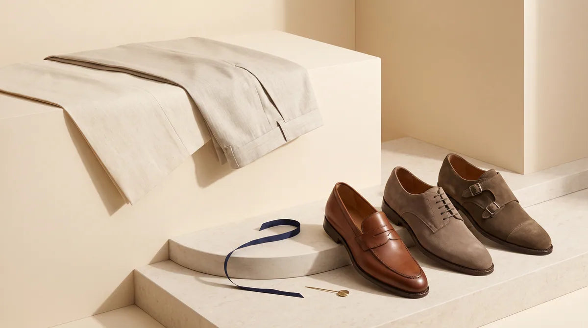 Cream or Stone tailoring with suggested footwear colors