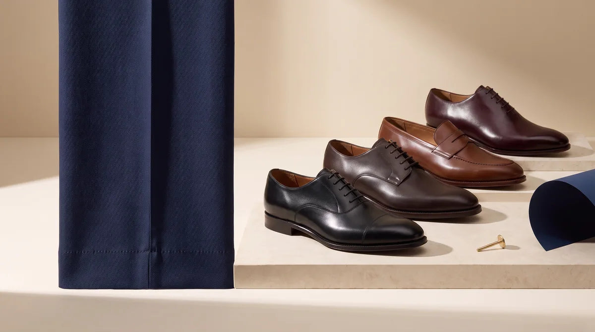 Navy tailoring with suggested footwear colors