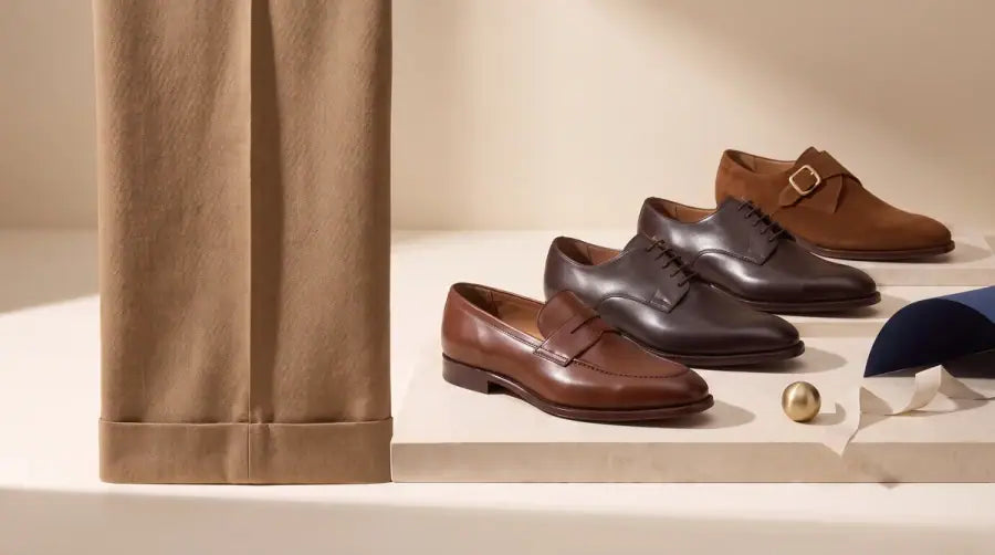 Tan tailoring with suggested footwear colors