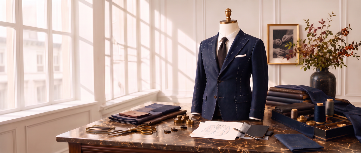 Navy suit jacket with basting stitches on a form beside tailoring shears and folded cloth