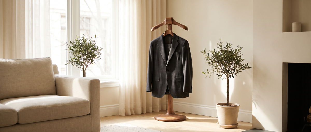 Charcoal suit on a walnut valet stand in a warm dressing room