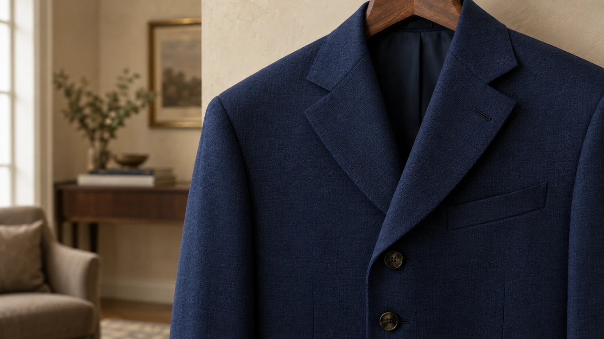 Close-up of navy wool notch lapels and horn buttons on a walnut hanger