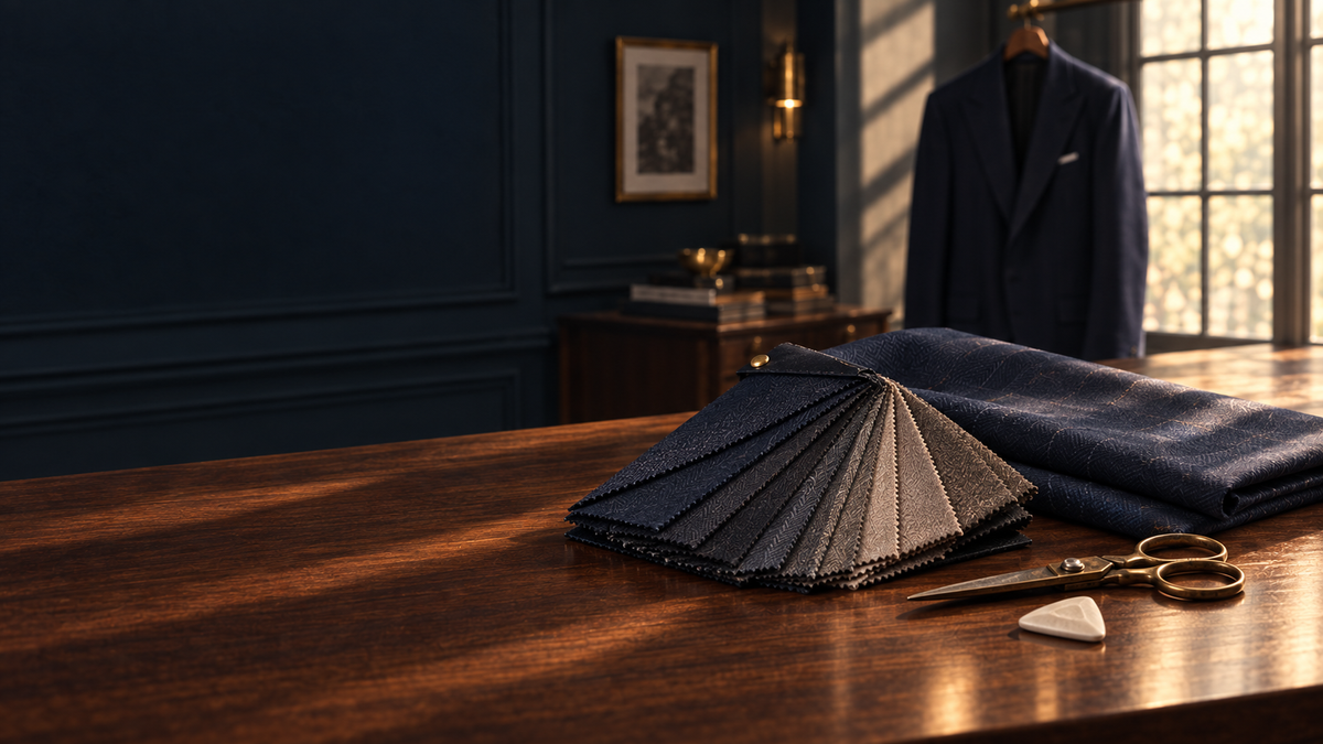 Navy and taupe cloth swatches, folded suiting and tailoring shears on a walnut table.