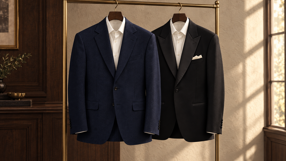A navy suit jacket and a black satin-lapel tuxedo hanging side by side.