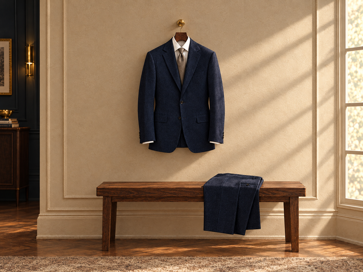 A finished navy suit jacket with ivory shirt and taupe tie, with matching trousers on a walnut bench.