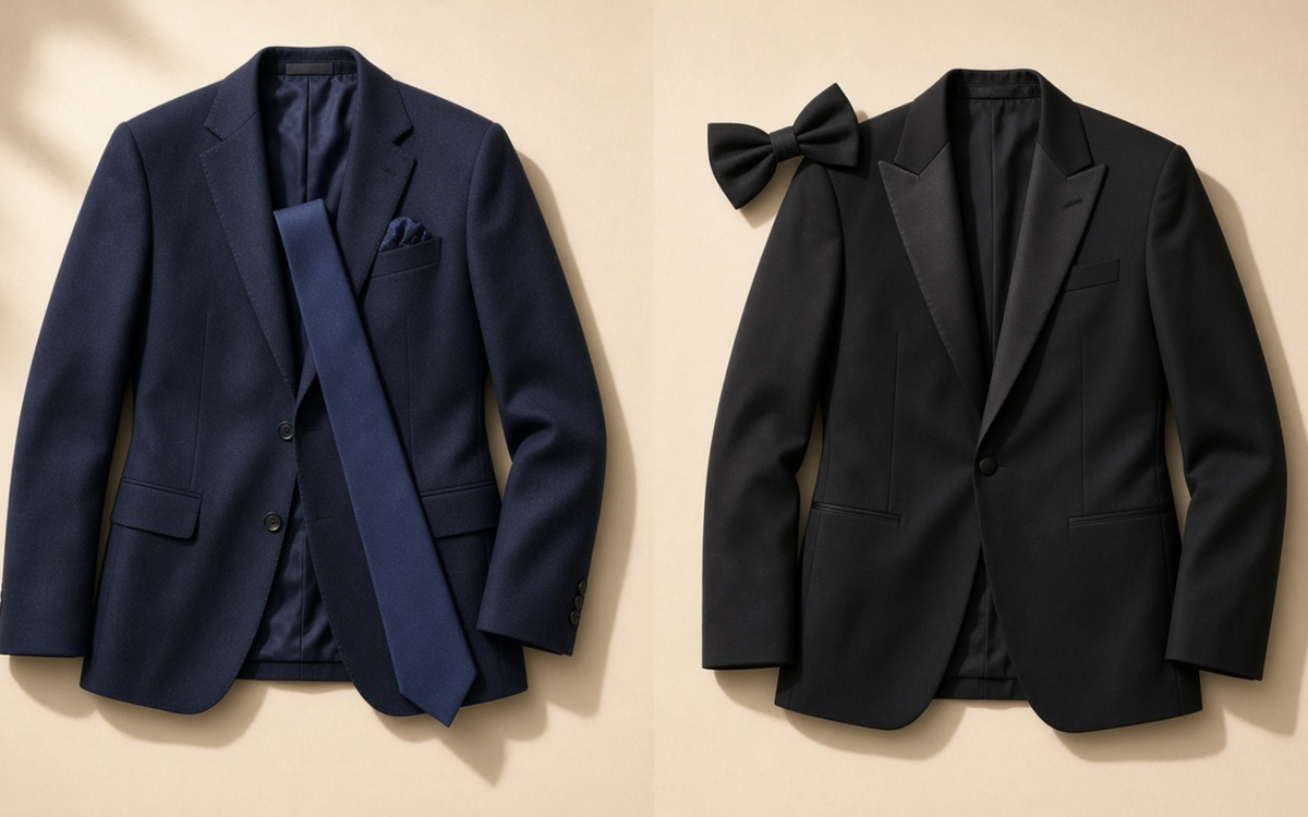 Necktie and bow tie in distinct suit and evening contexts