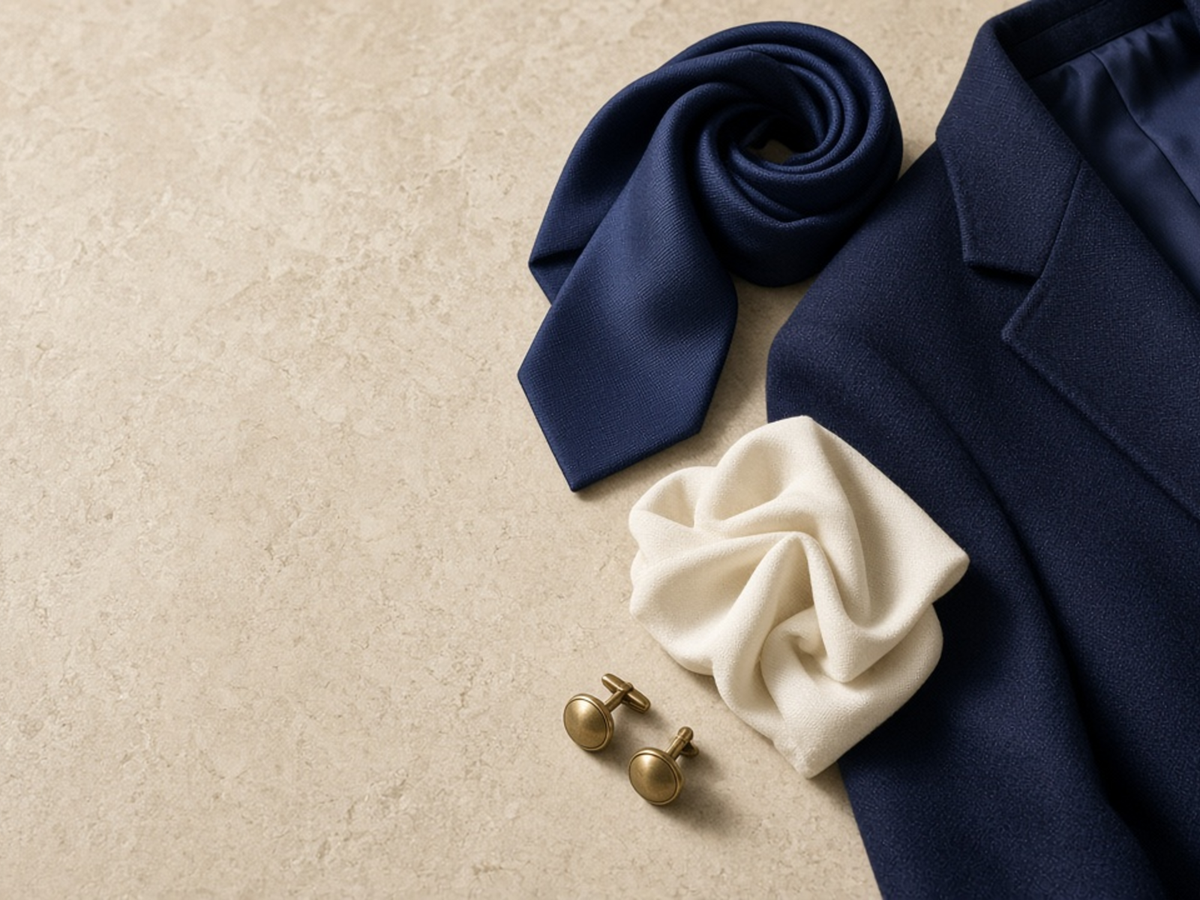 Coordinated tailoring accessories arranged beside a jacket