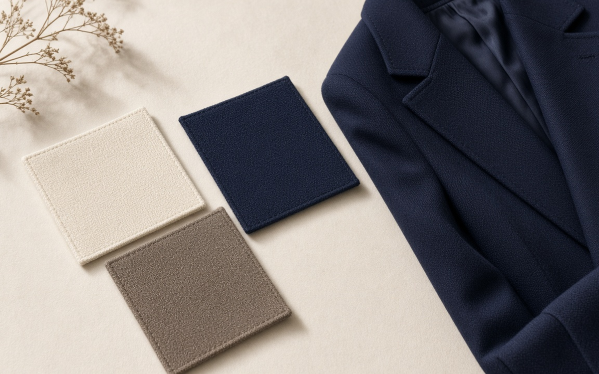 Cloth samples and a tailored garment in a seasonal still life
