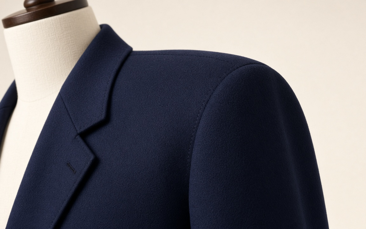 Close view of a tailored jacket shoulder line