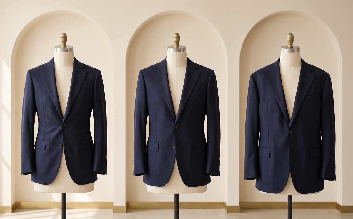 Front of a buttoned tailored jacket showing natural drape