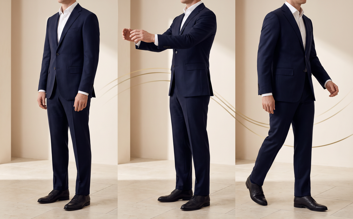 Full tailored jacket shown with trousers and shirt cuff