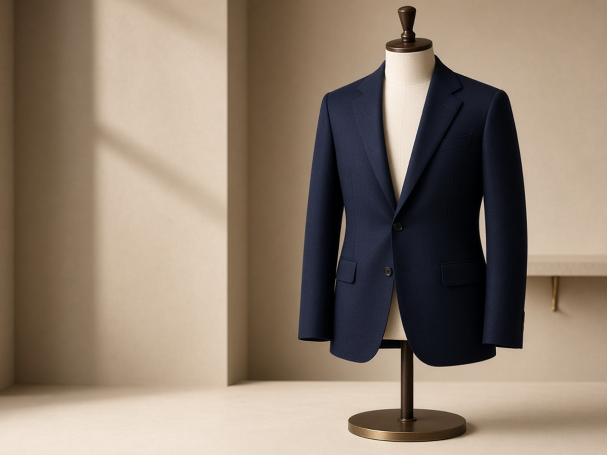 Navy tailored jacket displayed on a fitting form
