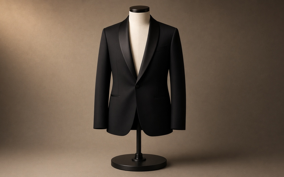 Dark dinner jacket on a tailoring form