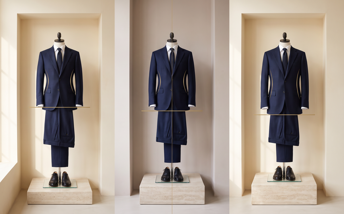 Two dress forms showing jacket length and trouser rise relationship