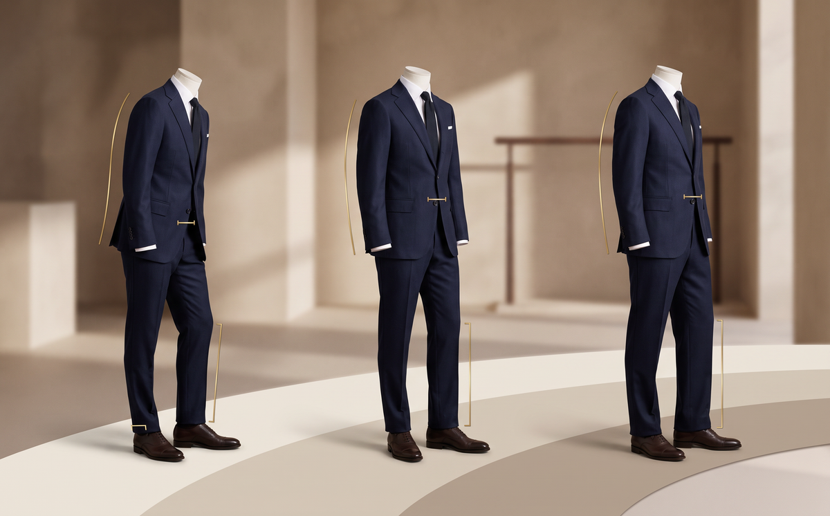 Tailored trousers and jacket shown from shoulder to shoe
