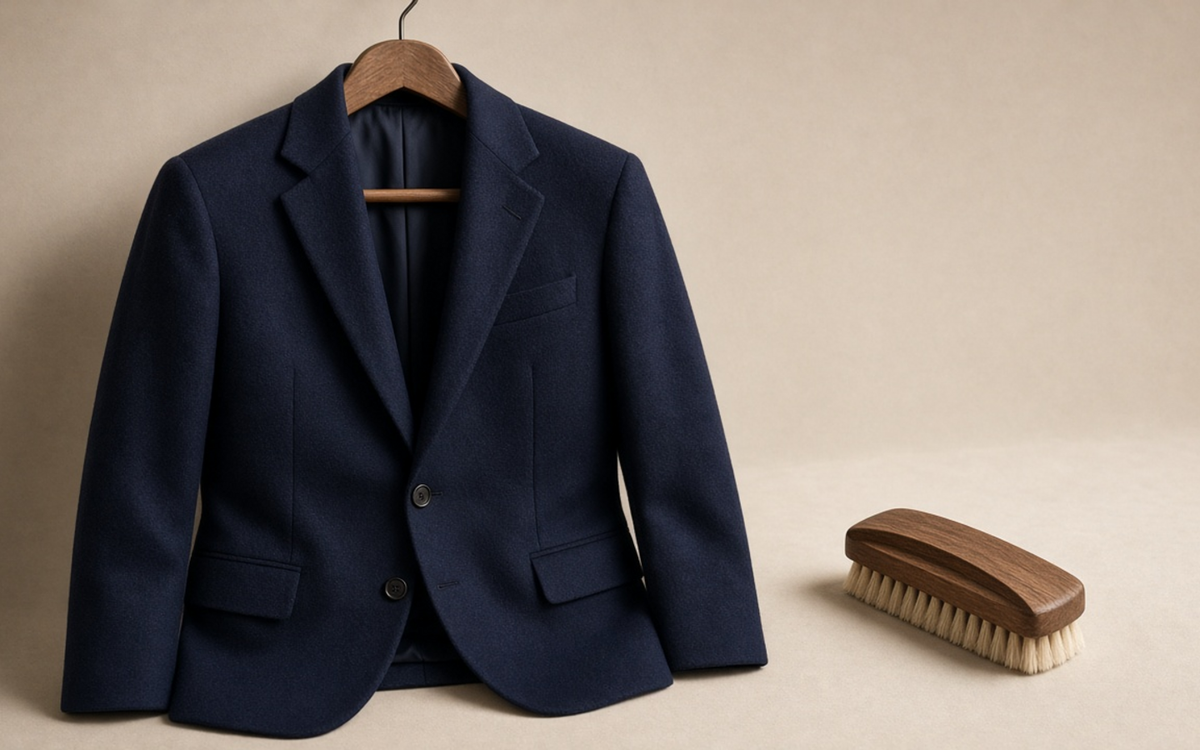 Clothing brush beside a wool jacket