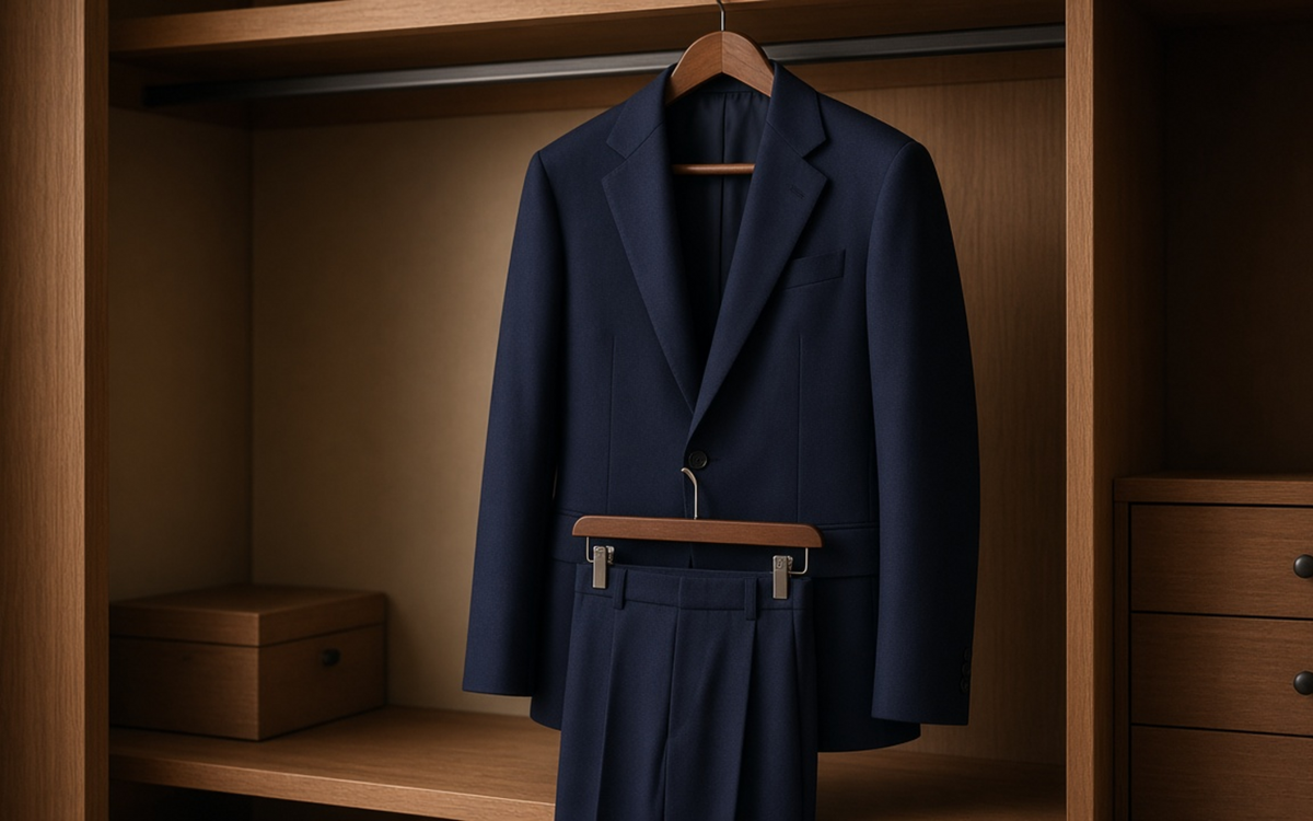 Tailored jacket and trousers hung with room between garments