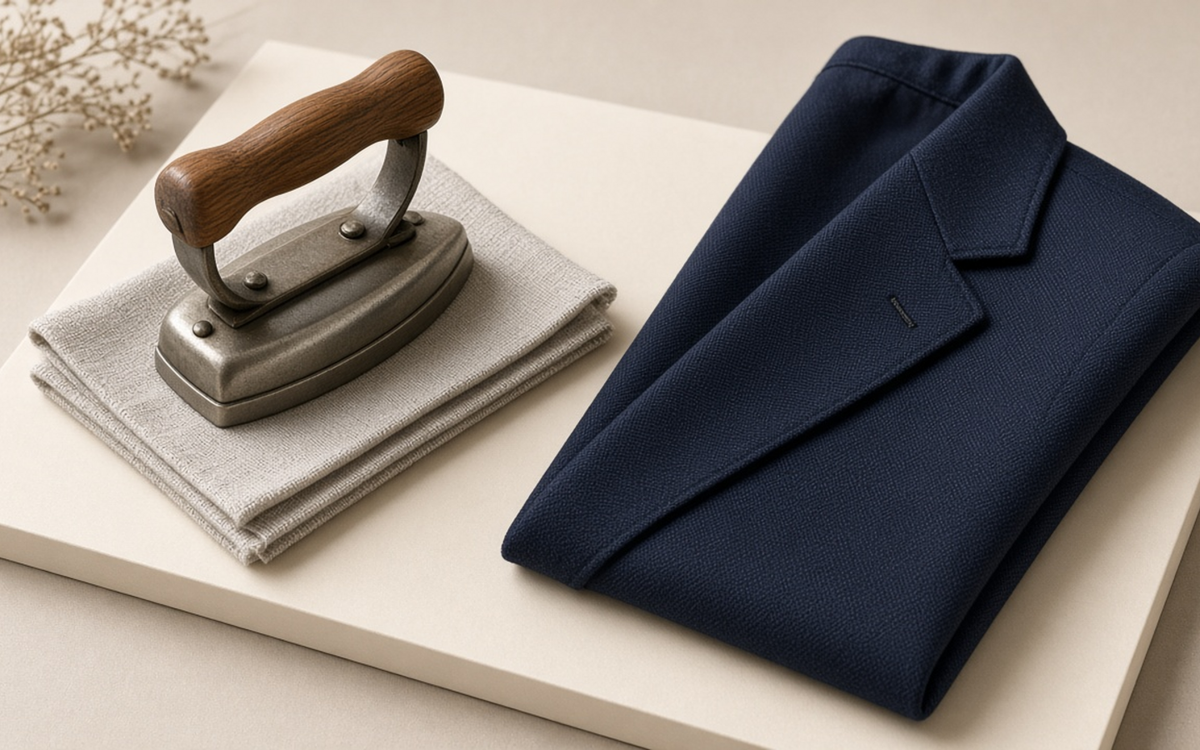 Tailoring pressing tools arranged safely beside cloth