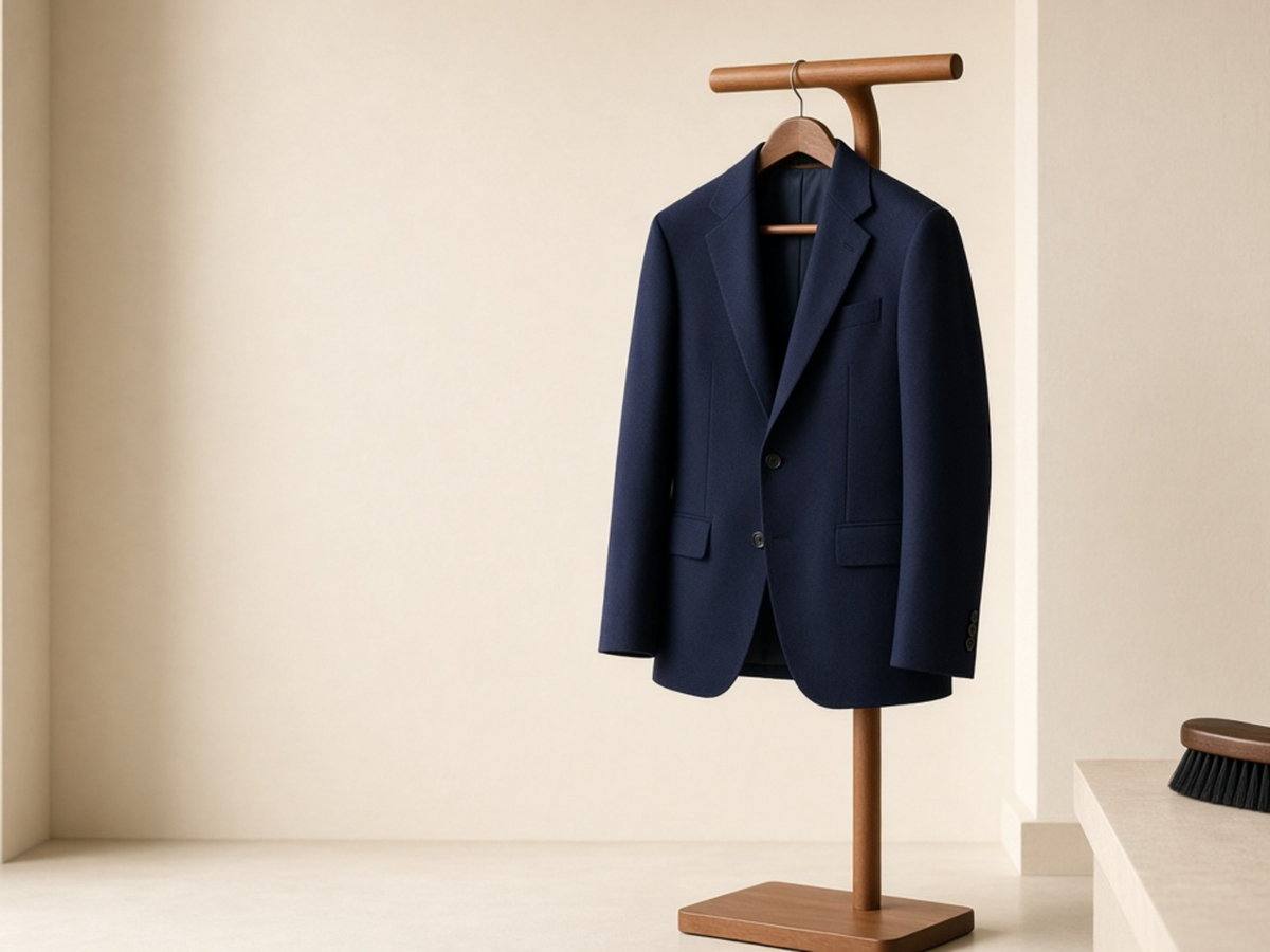 Jacket on a shaped hanger with a garment brush