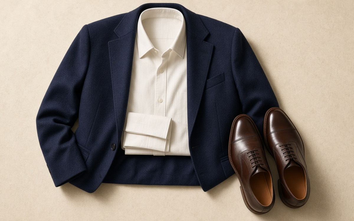 Tailored jacket, shirt and shoes organized for a trip