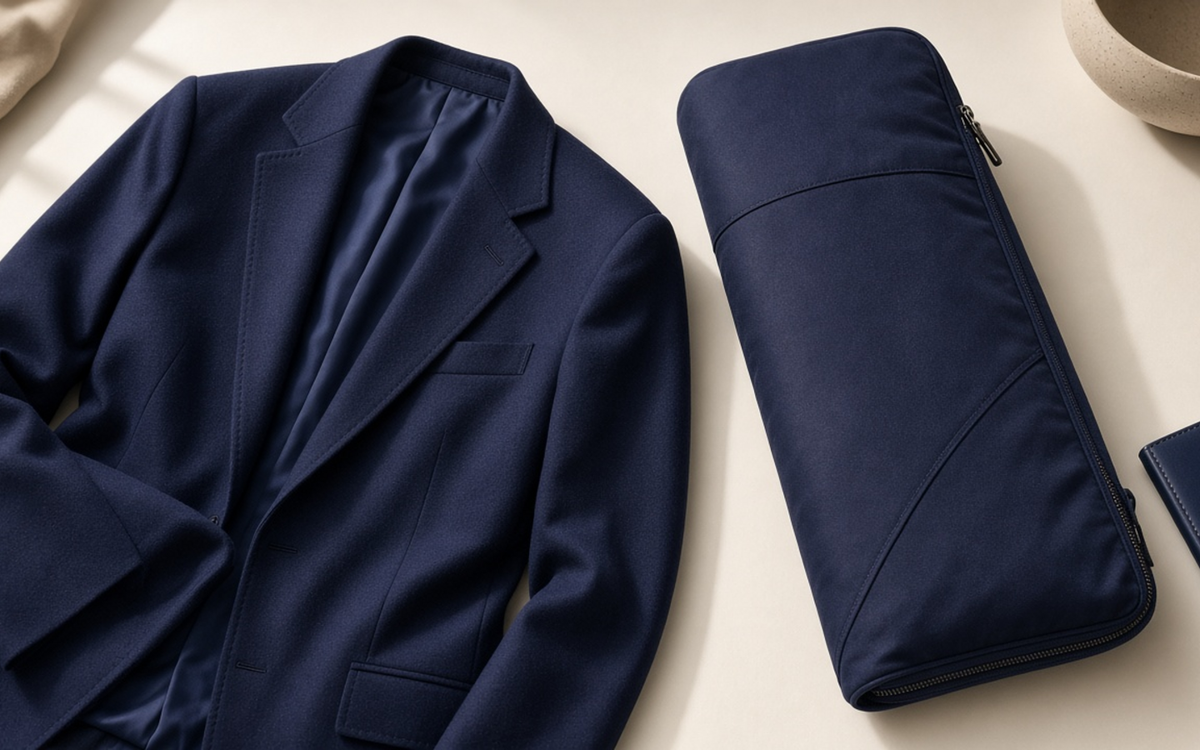 Jacket and garment bag arranged for packing