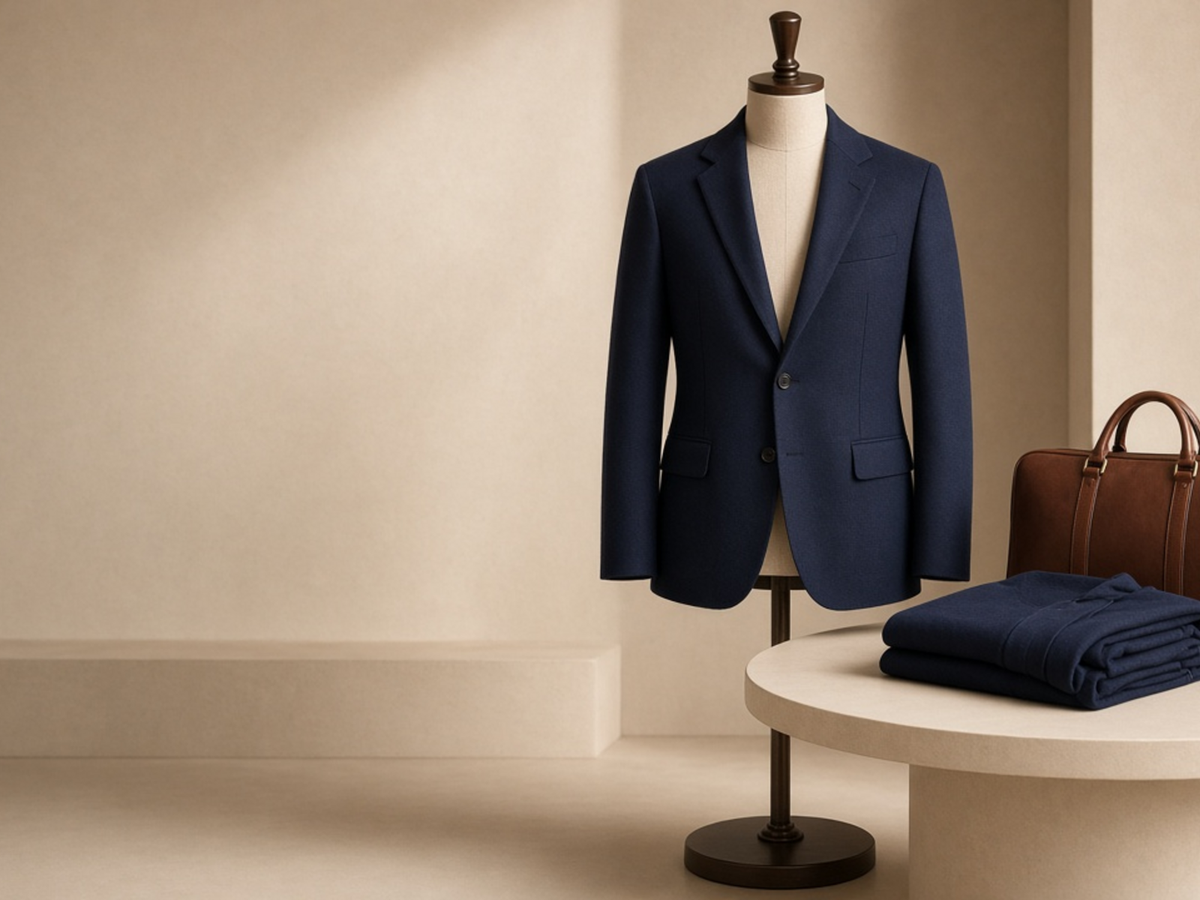 Tailored jacket and travel accessories arranged for a journey