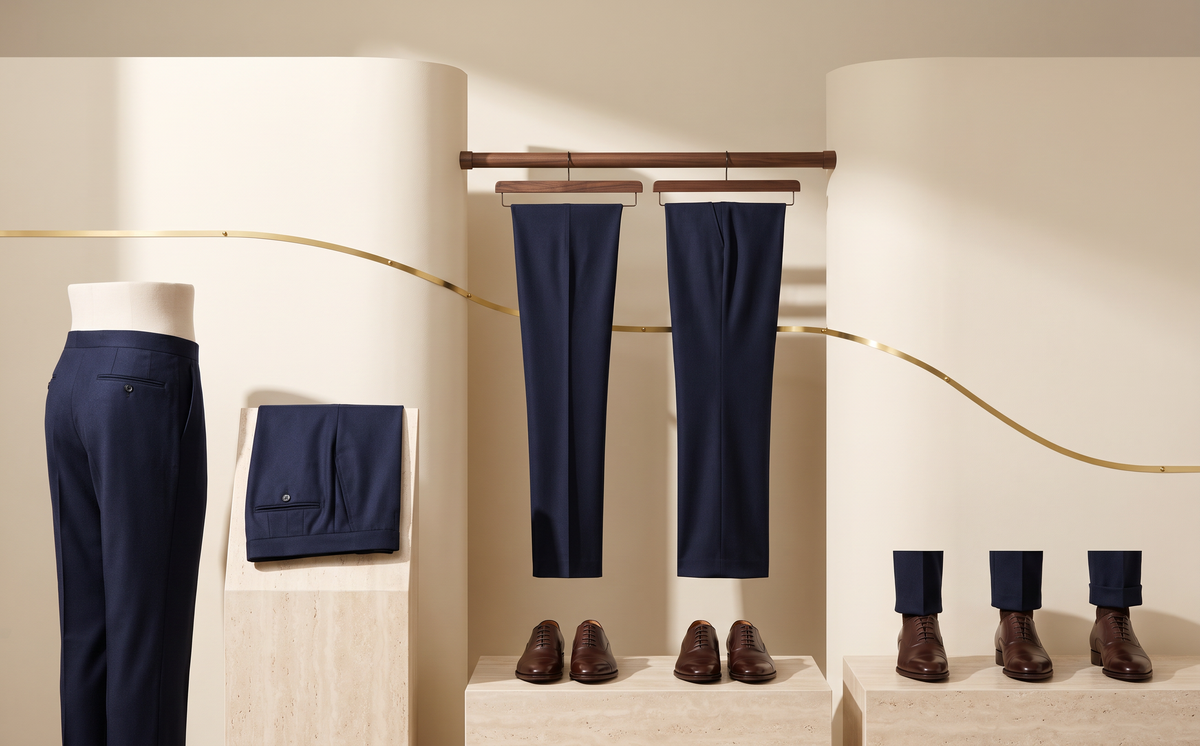 Side-by-side plain hem and cuff on matching navy trousers