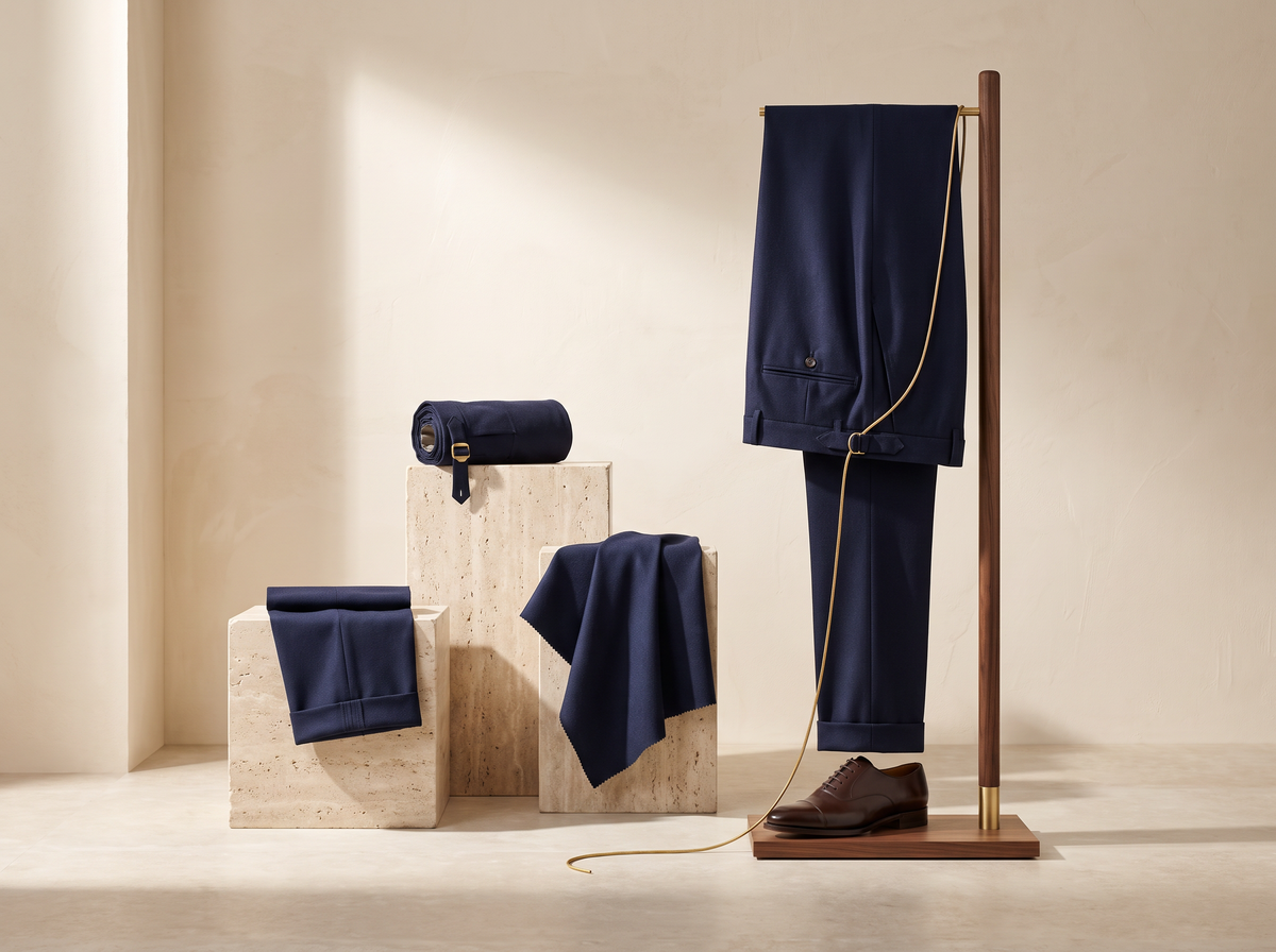 Tailored navy trousers displayed with cloth in a quiet studio