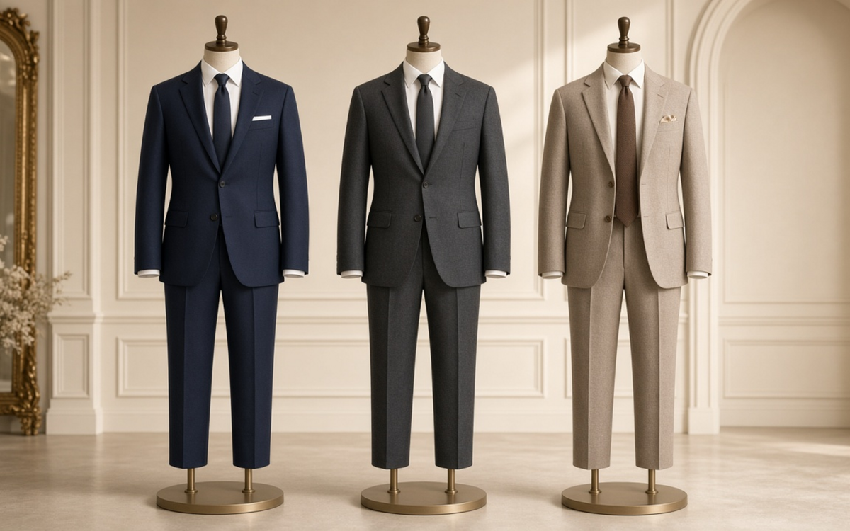Three tailored outfits representing groom, party and guest