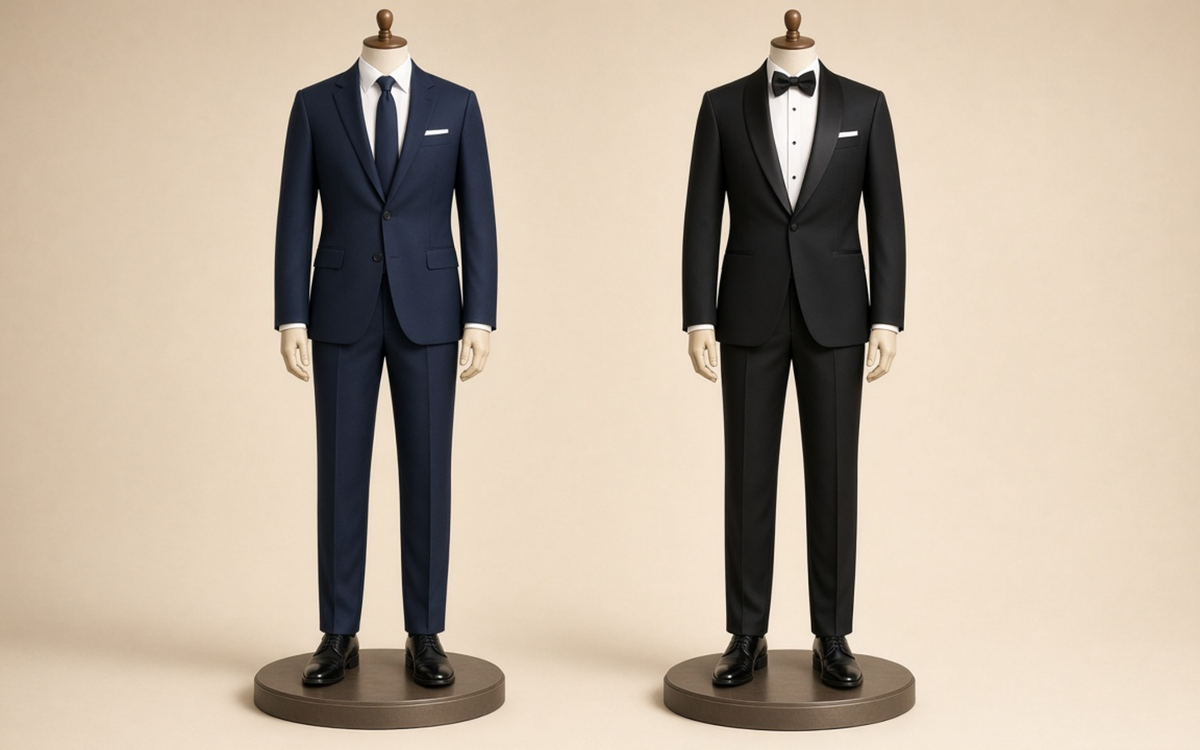 Wedding suit and tuxedo side by side
