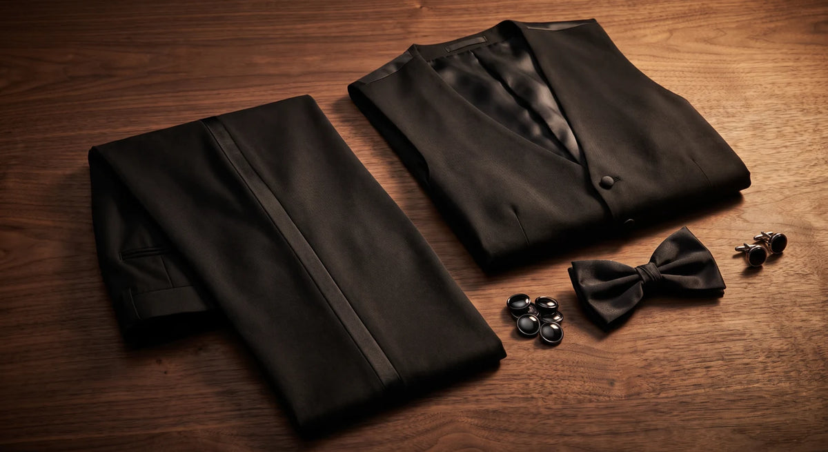 Formal trousers, waistcoat, bow tie and cufflinks on a walnut table
