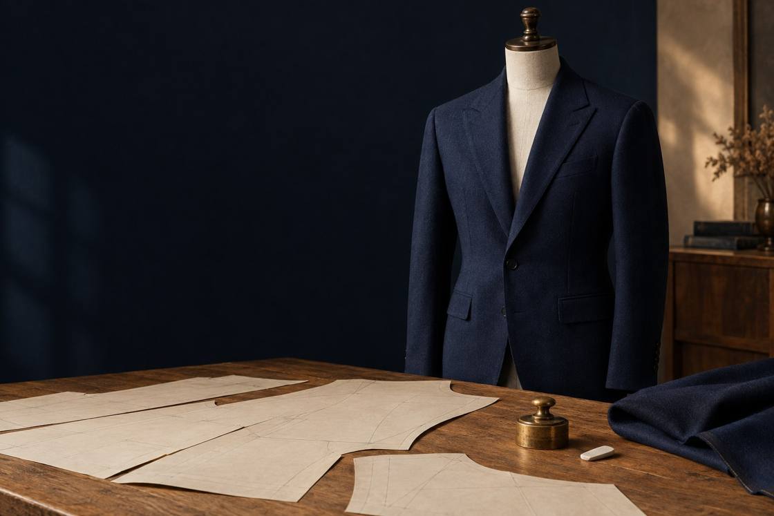 Navy jacket on a dress form beside pattern paper and fabric in a tailoring studio.