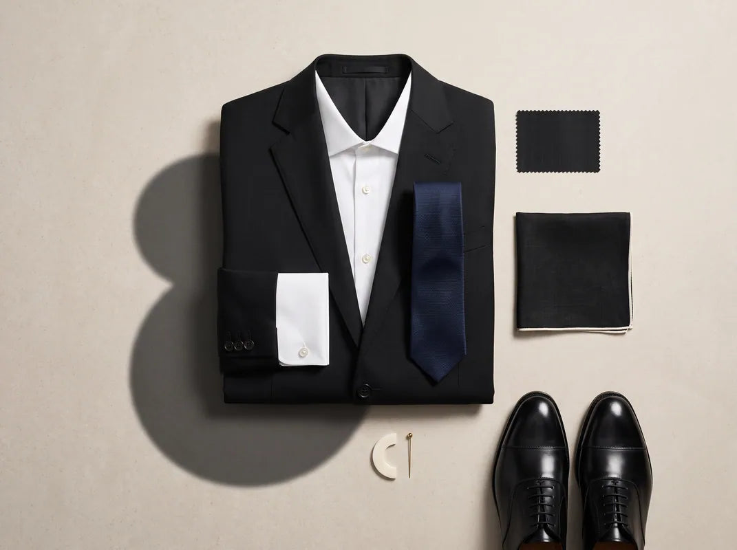 Black tailored outfit with coordinated shirt, neckwear and accessories