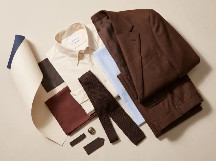 Brown tailored outfit with coordinated shirt, neckwear and accessories