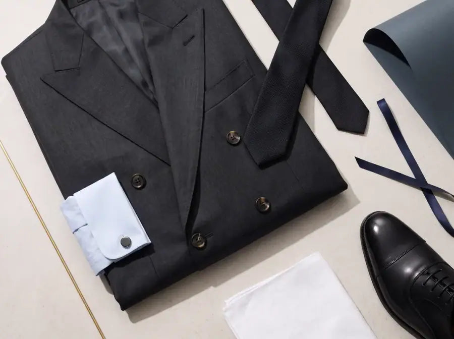 Charcoal tailored outfit with coordinated shirt, neckwear and accessories