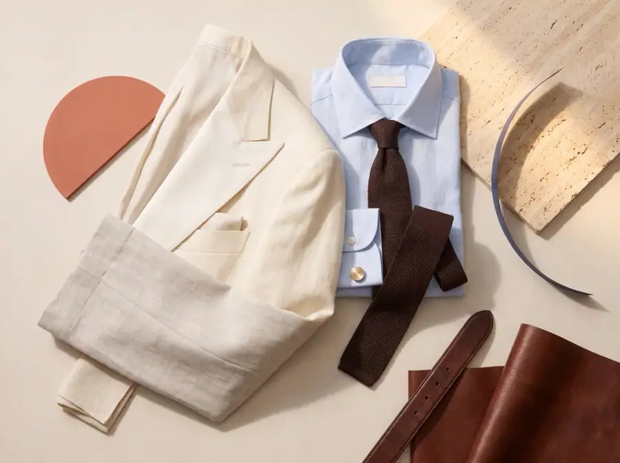 Cream / Stone tailored outfit with coordinated shirt, neckwear and accessories