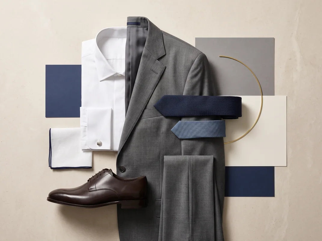 Mid-Grey tailored outfit with coordinated shirt, neckwear and accessories