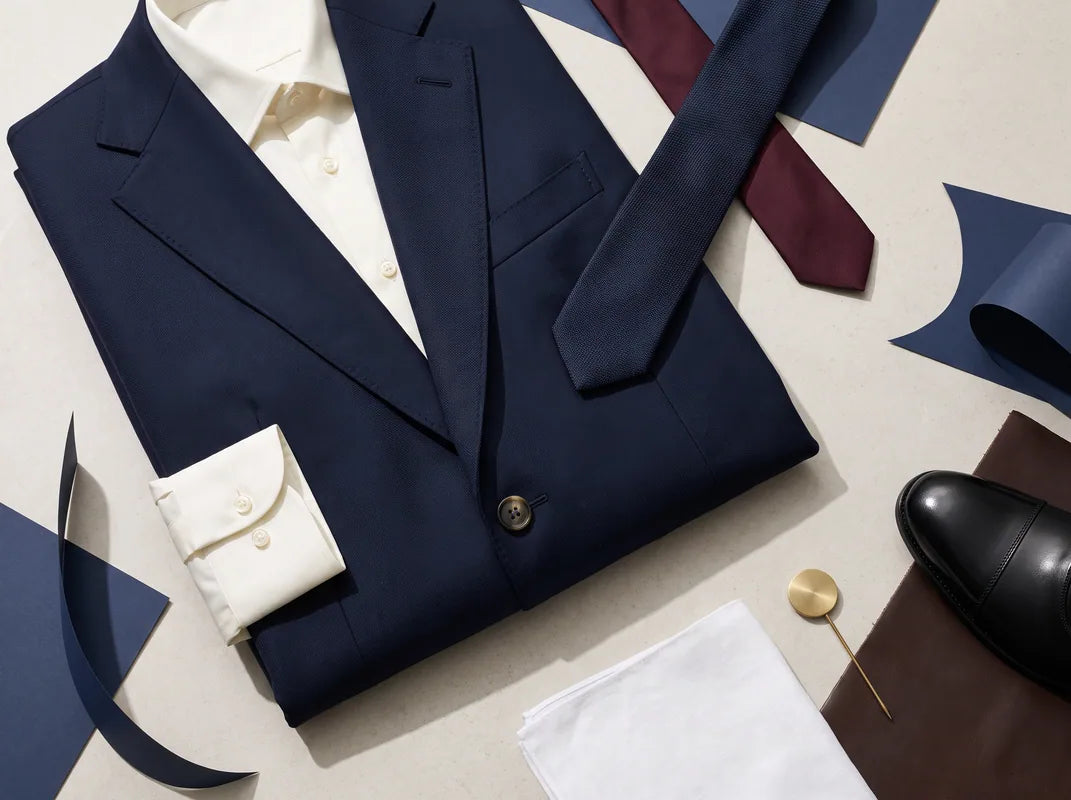 Navy suit, white shirt, oxblood necktie and dark footwear arranged together