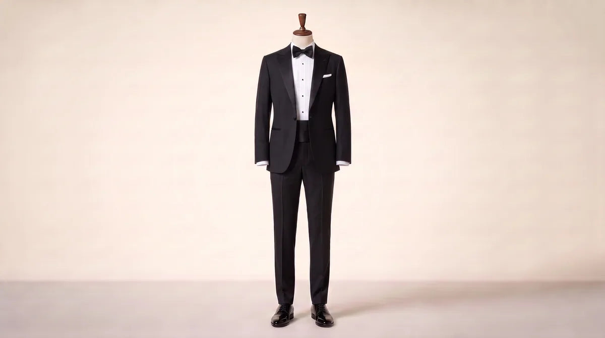 Black tuxedo, white formal shirt and bow tie on a tailoring mannequin