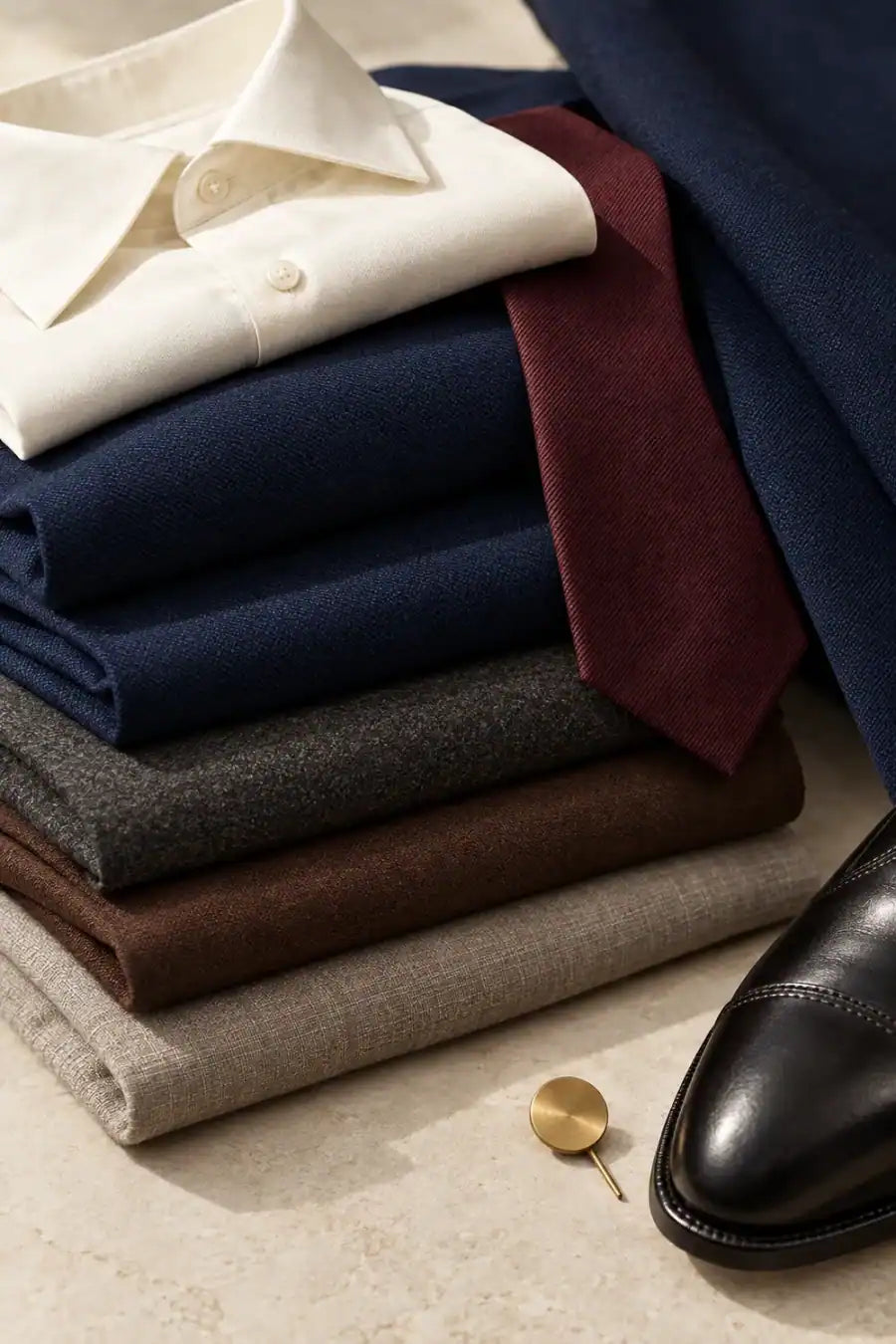 Folded navy, charcoal, brown and taupe suiting cloth beside a shirt and tie