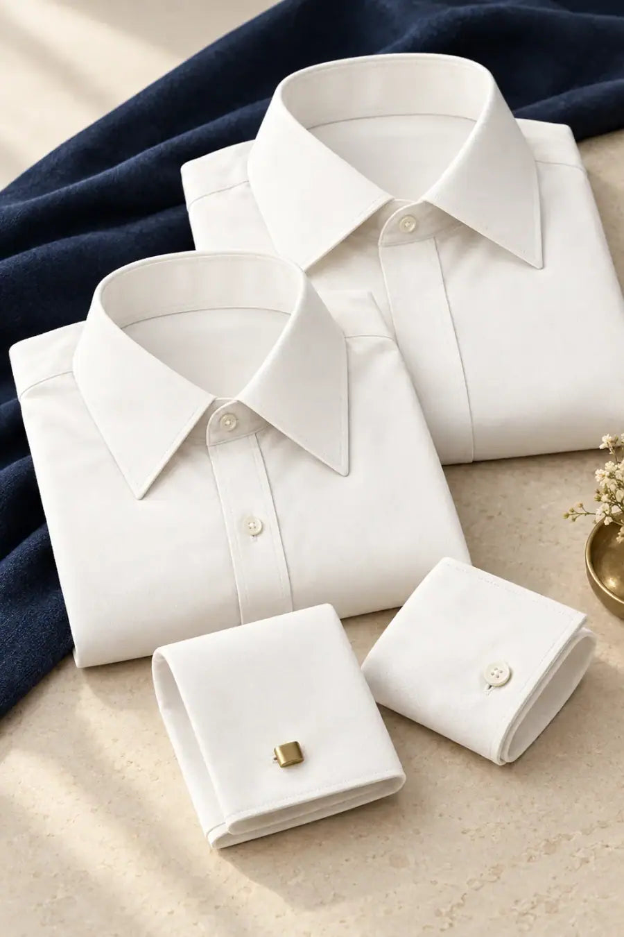 White dress-shirt collar laid over folded navy cloth